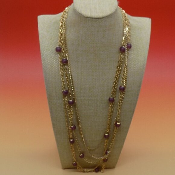 Vintage Multi-Strand Necklace Layered Etruscan Revival Gold-tone Purple Beads - Picture 1 of 7